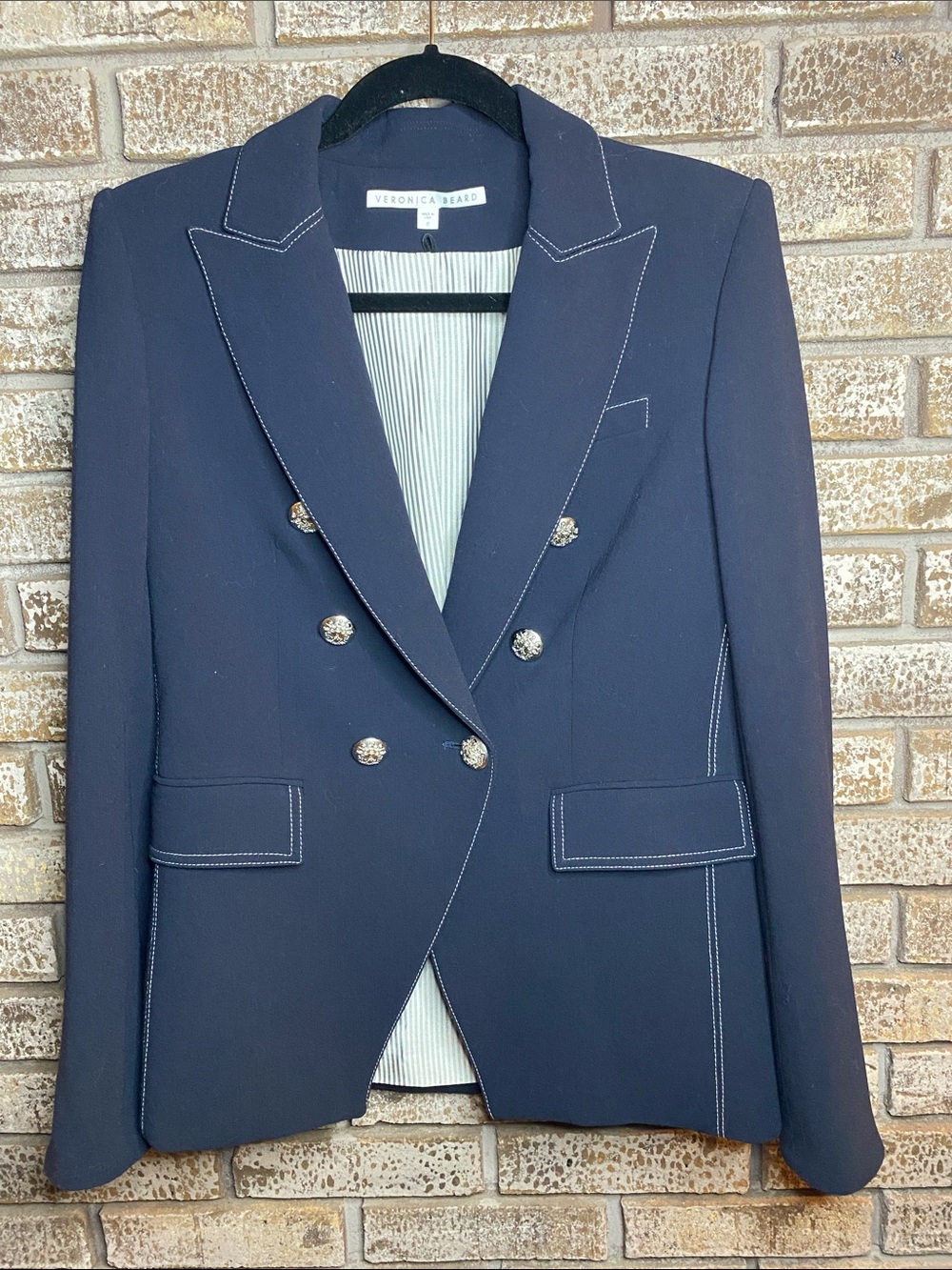 Veronica Beard Miller Dickey Navy Blazer with Contrast Stitching Silver Buttons